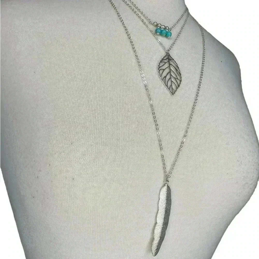 Layered silver necklace women’s jewelry feather beads leaf blue